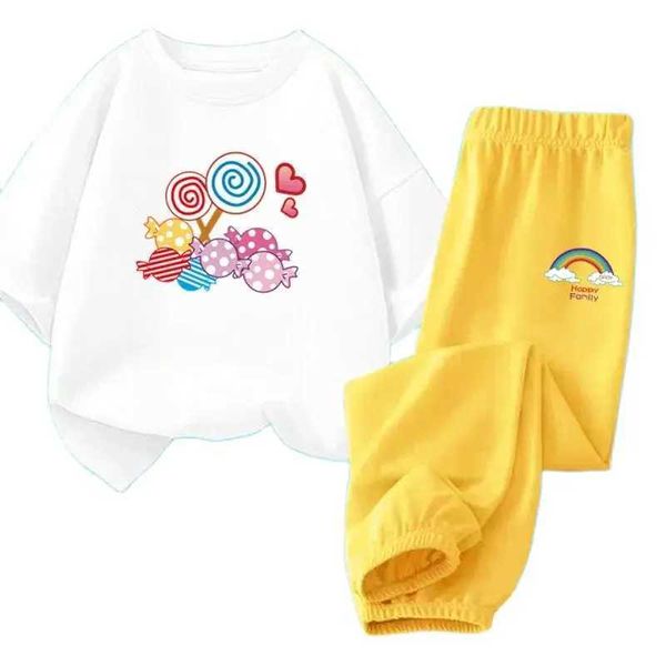 Conjuntos de roupas de roupas de roupas de bebê conjunto de roupas infantil lollipop t-shirt top+calça longa para roupas fofas conjunto de verão