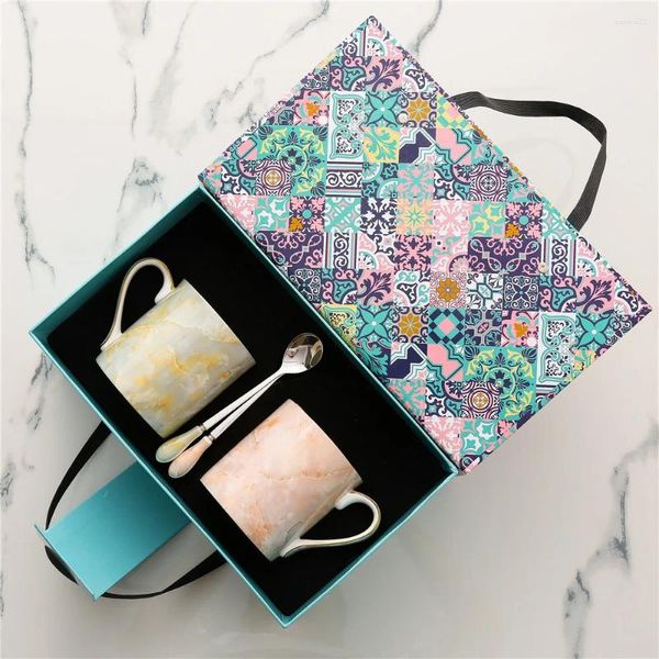 Canecas luxuosas simples de pedra de leopardo dourado por china caneca de cerâmica xícara de água de café da manhã caixa de presente de casal