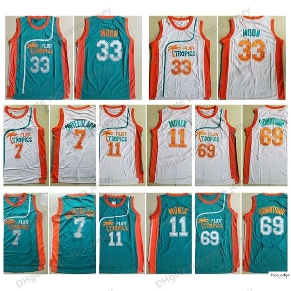 Men's Flint Tropics Movie Edition #33 Jackie Moon вышита 11 Ed Monix 7 Coffee Black 69 Downtown Basketball NCAA Jersey