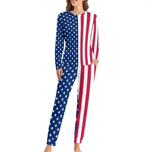 Frauen Nachtwäsche rot weiß blau Star Pyjamas Frau patriotische USA Flagge schöne Nachtwäsche Frühling 2 Stück lässig losen übergroße Pyjama -Sets
