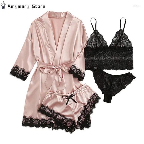 Abbigliamento da casa 4 pezzi abiti da pigiama rosa per donne in raso da notte di seta da notte biancheria biancheria intima abbigliamento abiti sexy femme