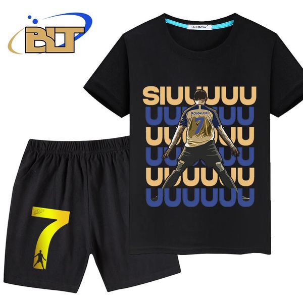 Ronaldo Siuuuuuu Crianças impressas Crianças de verão Terme de camiseta shorts 2Pita Conjunto adequado para meninos e meninas 240511