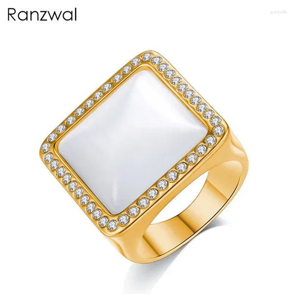 Con pietre laterali Ranzwal White Square Opal Stone Rings for Women Gold Silver Color Engagement Gioielli zirconi cubici USA dimensione 6-9 Ari317