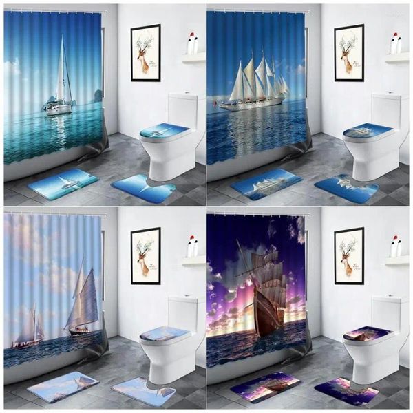 Tende da doccia nautica a barca a vela tende barca barca oceano paesaggio arredamento bagno tappetini vaso a piede non crollo wc moquette set di tappeti da toilette