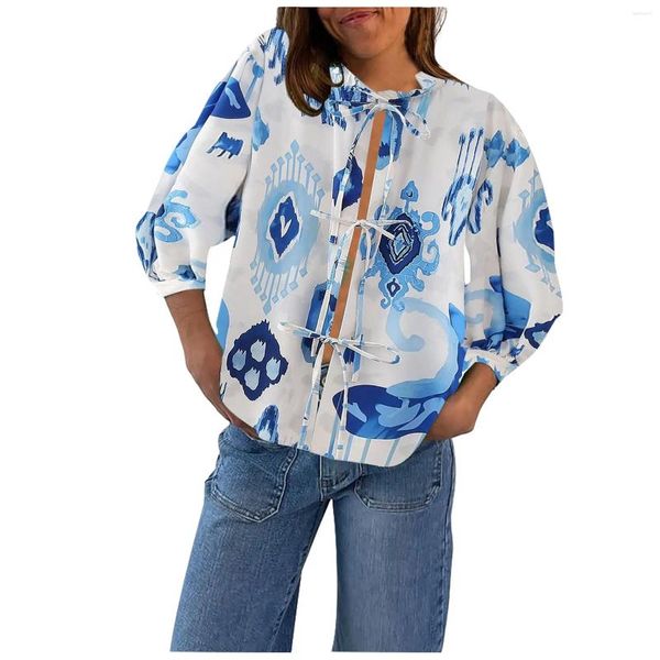Bloups feminina moda de renda impressa a camisa feminina Stand com mangas compridas Hold Out Cost Shirts Spring Summer Summer elegante Prega
