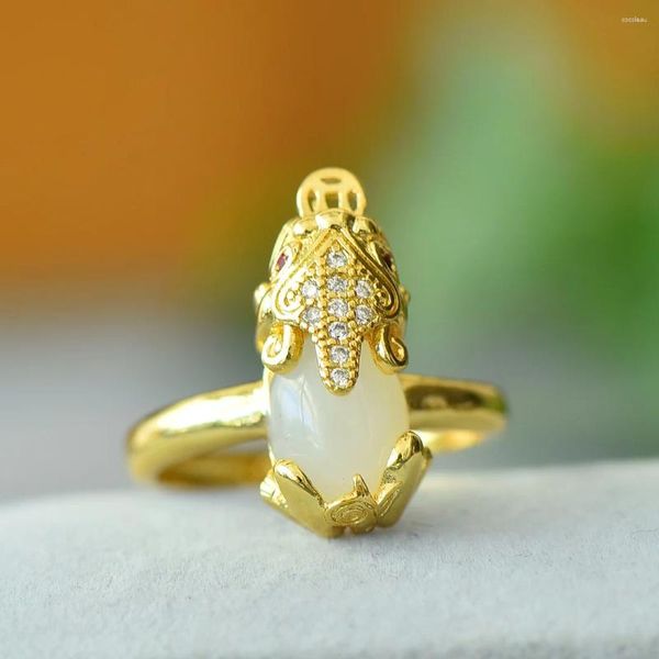 Clusterringe Natural Hetian Jade Ring Edelstein Gold plattiert Abb. Valiant Soldier Jewelrys Schönheit Schmuck Frau