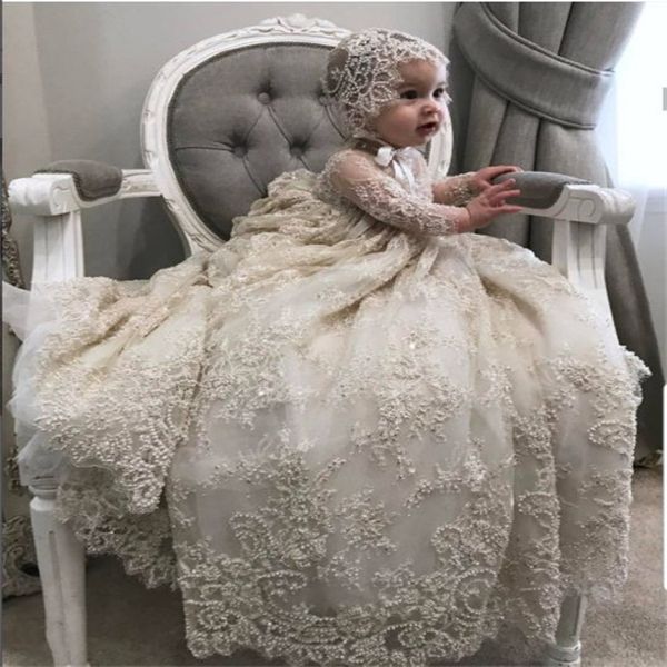 Luxus weiße Elfenbein Taufkleid Spitze Perlen Baby Girls Taufe Kleider Kleinkind Kind Taufkleid mit Motorhaube 291l