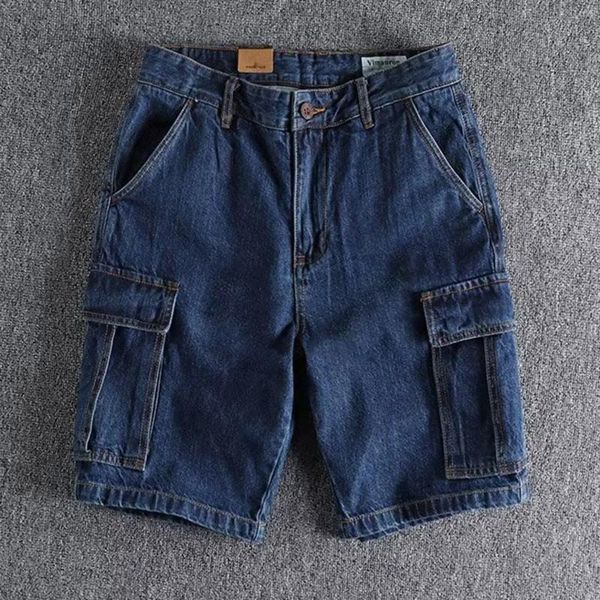 Jeans masculinos Men Denim Shorts Casual Casual Big Pocket Pocket Polso angustiado Straight calça curta Harajuku Versátil