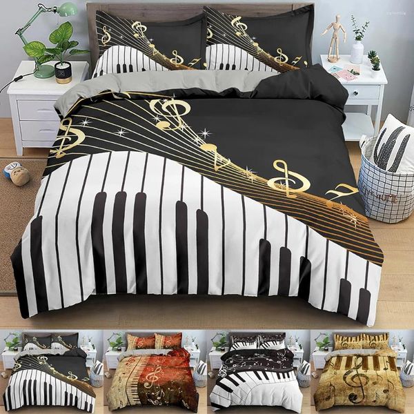 Conjuntos de cama conjuntos de impressão 3D Piano Keys Música Nota Treble Clef Staffs preto branco 2/3 peças Tampa de edredão Roupos de cama de microfibra