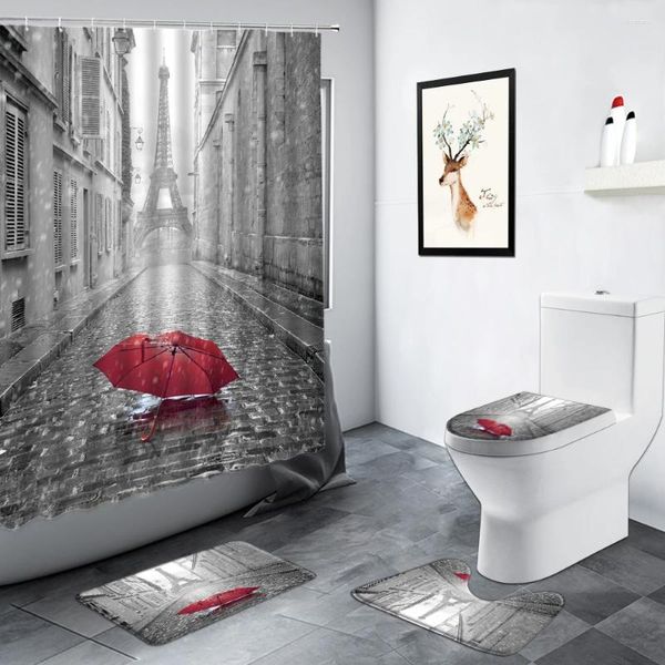 Tende per doccia retrò torre torre rossa ombrello scenario stradale decorazione bagno non slittata moquet wonet tappetino tappetino tappetini da bagno