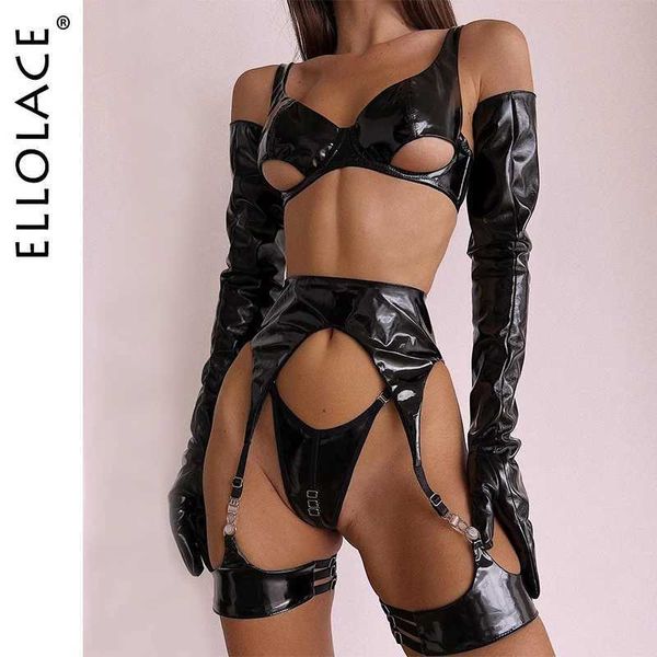 Sexy Set Ellolace Fetisch PVC Dessous Sissy Cup Out BH Leder PU Sensende Unterwäsche unzensierte Latex -Schubpush -Up Exotic Outfits mit Strumpfband Q240511