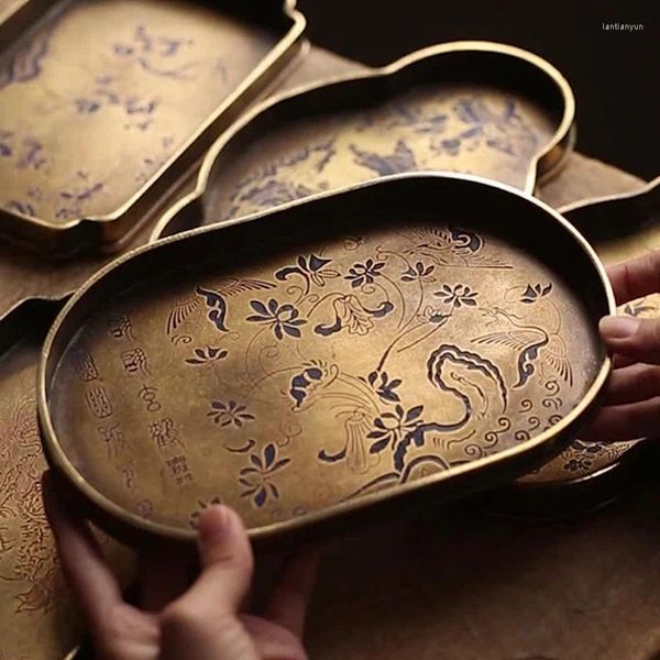 Vassoi di tè vassoio di rame antico cinese squisito dipinto dipinto di ottone di frutta lapagia di guaina angosciata a mano.