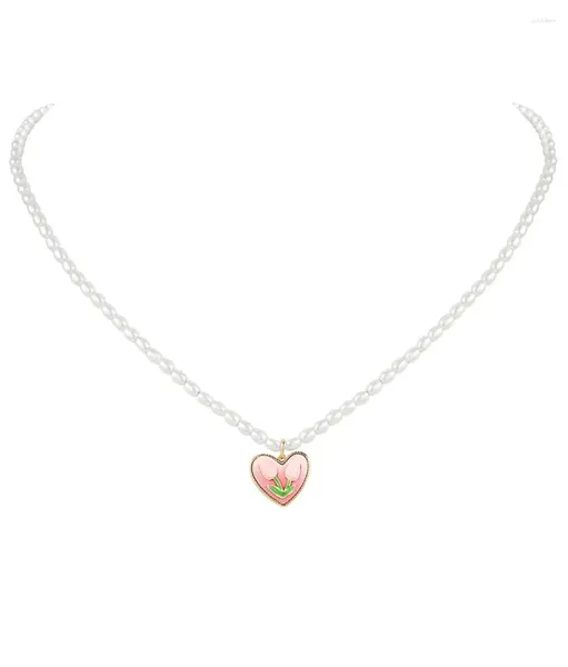 Collane a sospensione Fux Pearl Heart Collana per donne Catena di tulipani rosa 2024 Accessori girocollo Gift di gioielli