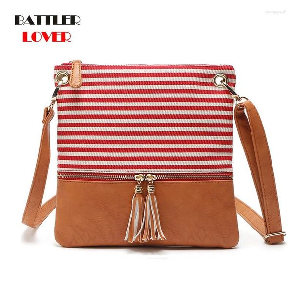 Omuz çantaları 2024 Kadınlar Basit Stil Patchwork Kadın Tuval Deri Çantalar Femme Tassel Flaps Crossbody Cutse