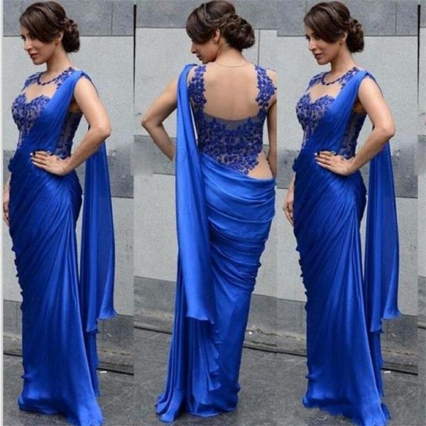 Abiti da sera indiana araba 2020 Sexy Royal Blue Applique Applique Sheer Party Formale Gowns abiti De Soiree 280G