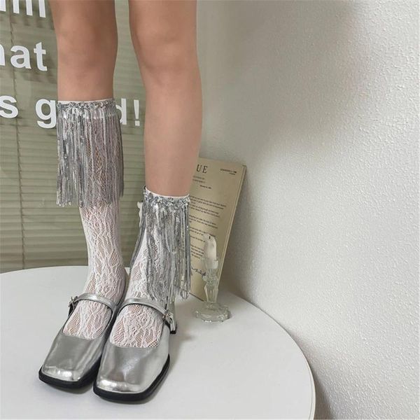 Frauen Socken 90S Pailletten Tassels Dekorative Kalb Sock Korean ausgehöhlten Lace Club Party Sheer Middle Tube