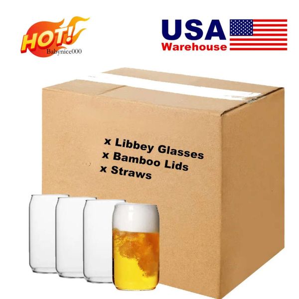 US/CA Warehouse 16oz Libbey Copo de vidro com tampa de bambu e copos de cerveja personalizados para café gelado 0514