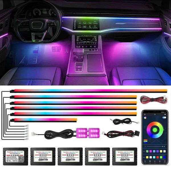 Luzes decorativas carro LED acrílico Kits de luzes ambiente App Controle remoto Acessórios decorativos de interiores automáticos coloridos 64 Lâmpadas RGB Neon 14 em 1 T240509