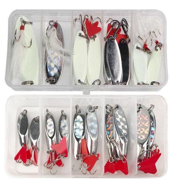 10pcs Spinnerbaits Fishing Lures Kit Luminous Löffel Köderfischerei Ausrüstung Seafishing Bait Tackle mit Höhenhaken Feder 5G28G9109805