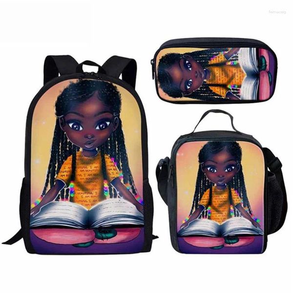 Bolsas escolares desenho animado African Girl 3pcs/set backpack 3d Imprimir Student Bookbag Travel Laptop Daypack Lunch Lápis Case