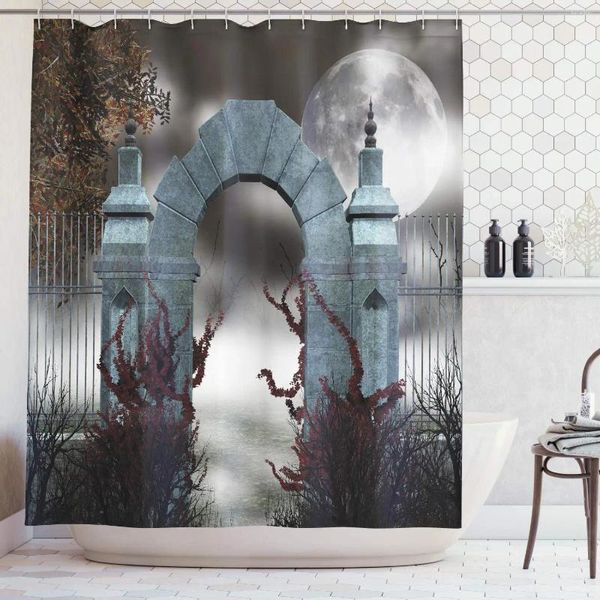 Duschvorhänge gruselige mittelalterliche Mittelaltersteintor mit Nebel Vollmond und Ivy Dark Night Vorhang