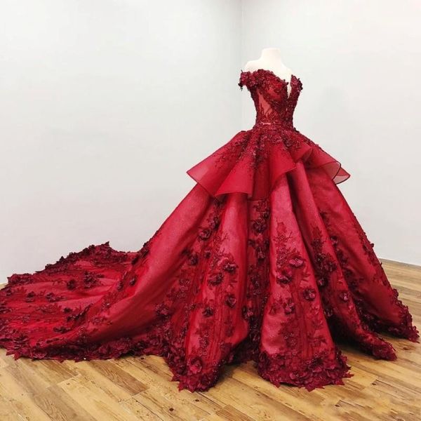 Sweet 16 Dark Red Quinceanera Vestidos do ombro 3D Apliques florais vestidos de bola vestidos de concurso vestidos de noiva formal 234f