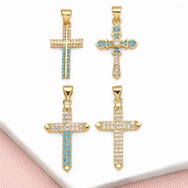 Colares pendentes Ocesrio Trendy Turquoise Crystal Big Cross para Jóias de Crucifix Cz Crucifix de Gold Copper PDTB571