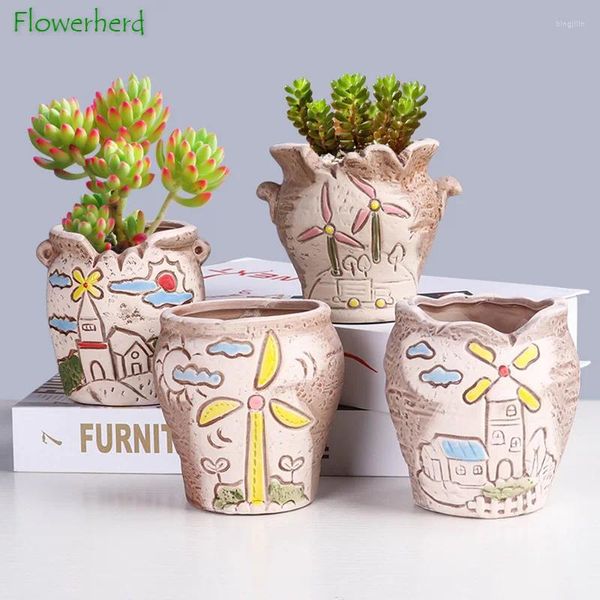 Vasen rohe Keramik verbrannt saftiges alter Haufen Blumentopf Retro grüne Pflanze atmungsaktive kreative Daumentöpfe dekorativ