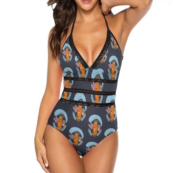 MEDIA DE MULHER AAAAGILHA !!!!Mulheres impressas One Piece Sexy Backless Backsuit V Neck Summer Beach Use Spray Spray Cartoon Star