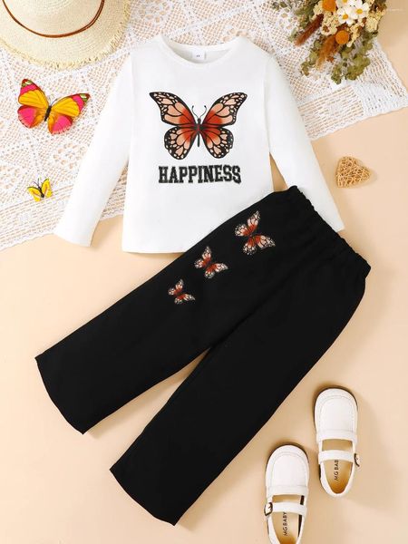 Set di abbigliamento Girls a maniche lunghe in stile casual set bianco semplice collo rotondo a farfalla grande lettere stampato camicetta di pantaloni neri a due pezzi a due pezzi