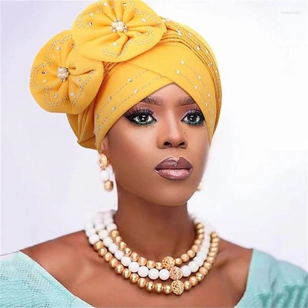 Abbigliamento etnico Diamond Flower African Headtie Turbans for Women Rhinestone Nigerian Auto Gele Wedding Party Weadwear Cappello Female Head Waps