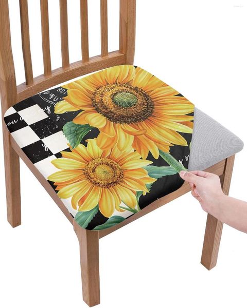 Stuhlabdeckungen Country Farm Sonnenblume Schwarze Plaid Sitzkissen Stretch Dining Cover Rutschbedeckungen für Heim -Banquet Wohnzimmer