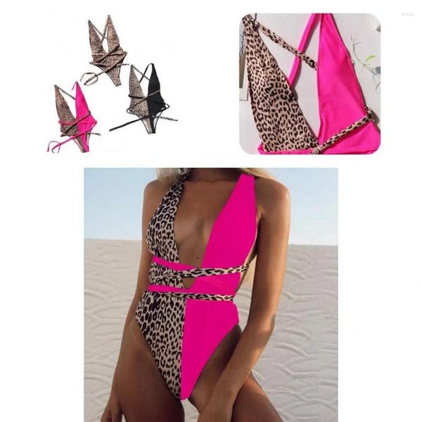 Frauen Badebody BodySuit Beachwear sexy Monokini Haut-Touch Schnüre-up Mode Leopardenstitching Print Sommer