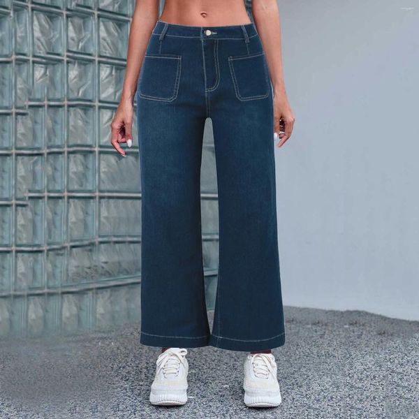Frauen Jeans lässige Wäsche gewaschene Stretch ausgestattet weite Beinhosen Taschen Trendy Sale Streetwear Baggy Damen Slos Ropa de Mujer