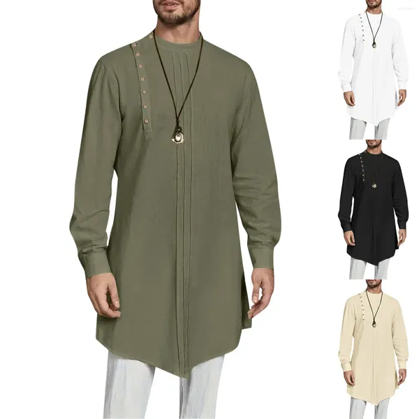 Herren lässige Hemden Herren Muslim Kleid Robe Arabische Mittelhülle Langarm gestickeltes Taschenhemd Mantel großer Kleidung