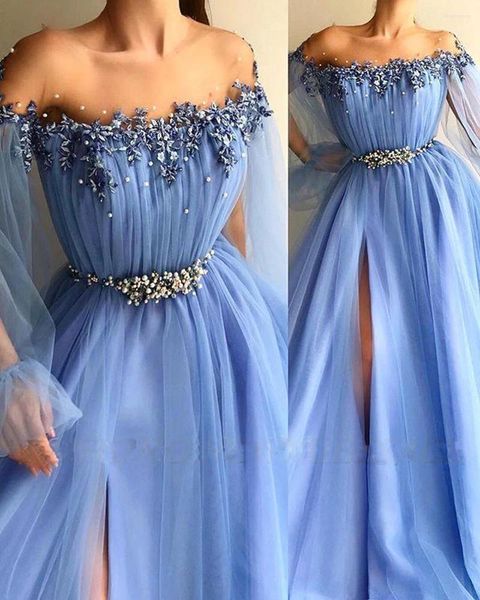 Abiti per feste Donne Sky Blue Evening Appliques Pearl A Line Jewel Poeta Boat Neck Bowns Formal Prom High Sli diviso Vestidos de Fiesta