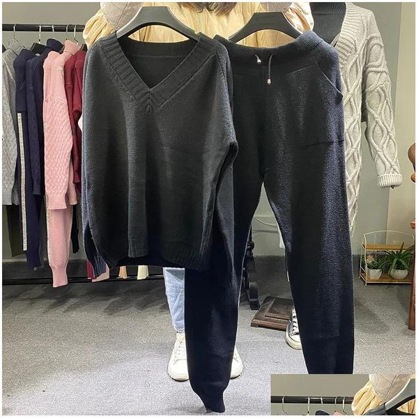 Frauen Tracksuits Marke Korean Design weibliche Anzüge Strick zwei Stücke Set Long Harem Hosen Elegante Damen Sweater Tracksuit S0205 W DHSC5