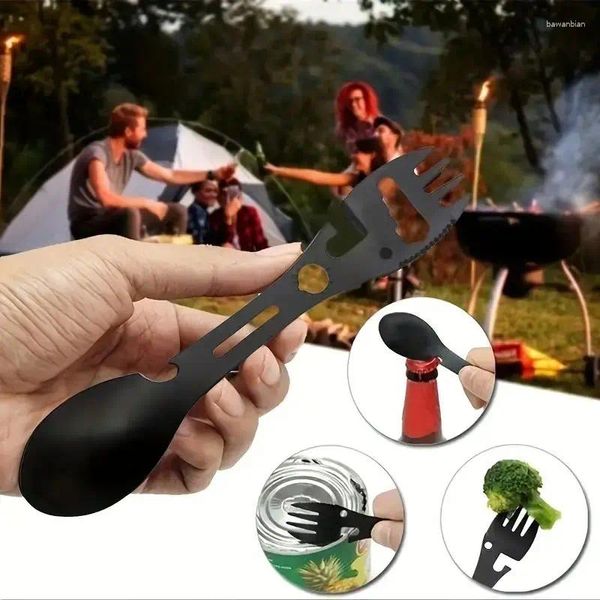 Löffel Edelstahl 10-in-1-Spork mit Opener mit gezackten Messerschlüssel und Harpunen-tragbares multifunktionales Utensil für c