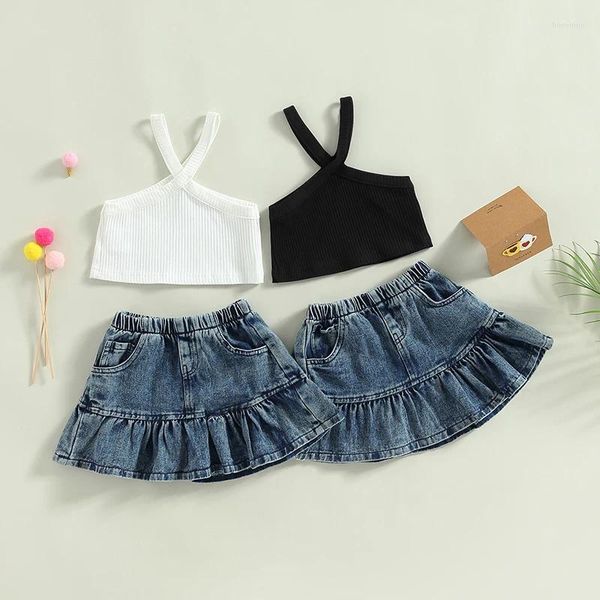 Kleidungssets 1-5 Jahre Kindermädchen Sommer-Outfit Feste schwarze weiße, gerippte Camisoles Elastic Denim Rock Set für Kleinkind Girls Casual Röcke