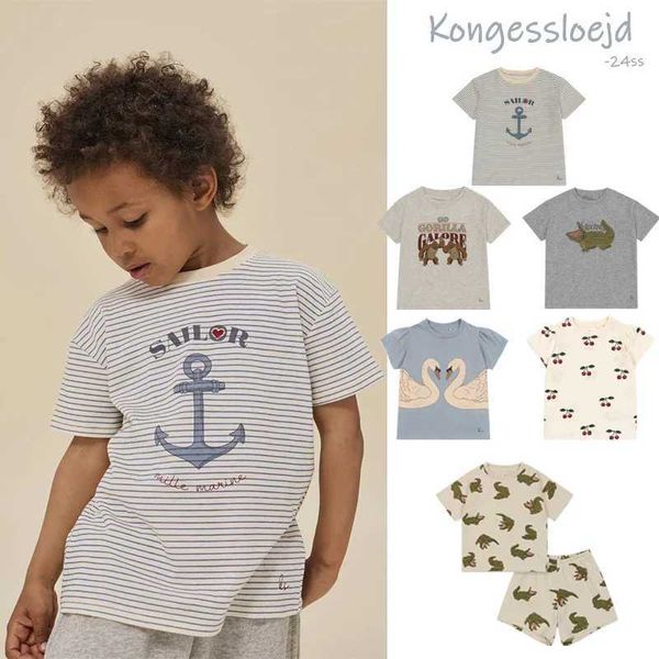 Kleidungssets Frühlings-/Sommer New Childrens Stripe Cherry Baby Girl Jungen Kurzarm KS Animal Print T-Shirt Shorts Krokodil Home Set D240514