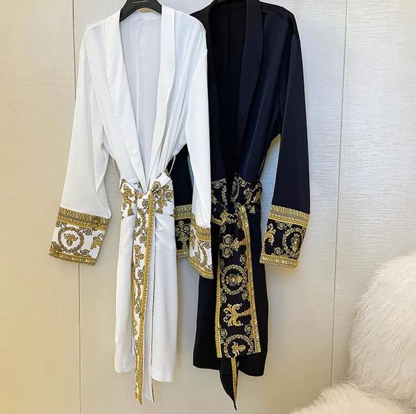 Lüks açık siyah altın baskı trend cüppe giyiyor rüzgarlık moda ev uzun erkekler kadın ceket trençkot beyaz 240426
