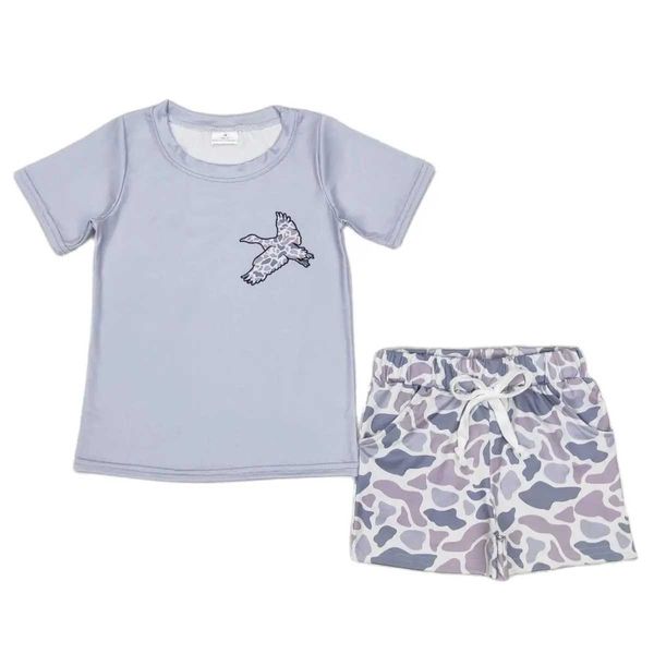 Kleidungssets Großhandel Kindergrau grau kurzärmeligte Enten-T-Shirt Baby Camouflage Pocket Shorts Childrens Boutique Set D240514