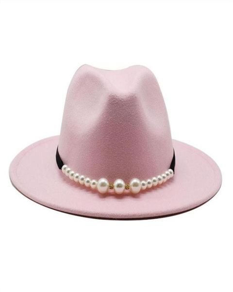 Fedora Hat Women Mulheres sólidas elegantes fivela de fivela de pérola clássica Winter Women Hats Pink Fascinator Wedding Formal Felt Hat Hat Womens4175325