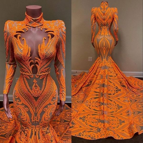 Vestidos de baile de sereia laranja mangas compridas Vesco profundo v pesco