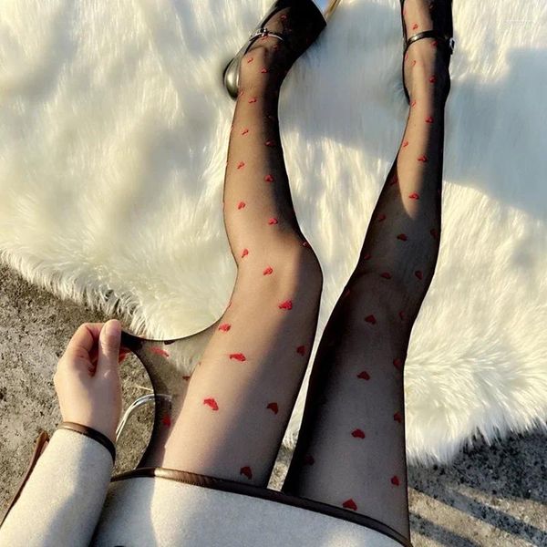 Frauen Socken süße süße rote Liebe Punkt Muster Strumpf transparenter Strumpfhosen für schlanke Druckstrümpfe Party Clubwear Strumpfhosen