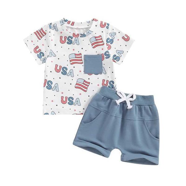 Kleidungssets 4. Juli Jungen Jungen Kleidung Nationalflagge gedruckt T-Shirt Jogging Shorts Set Independence Day Baby und Kleinkind Sommerkleidung D240514