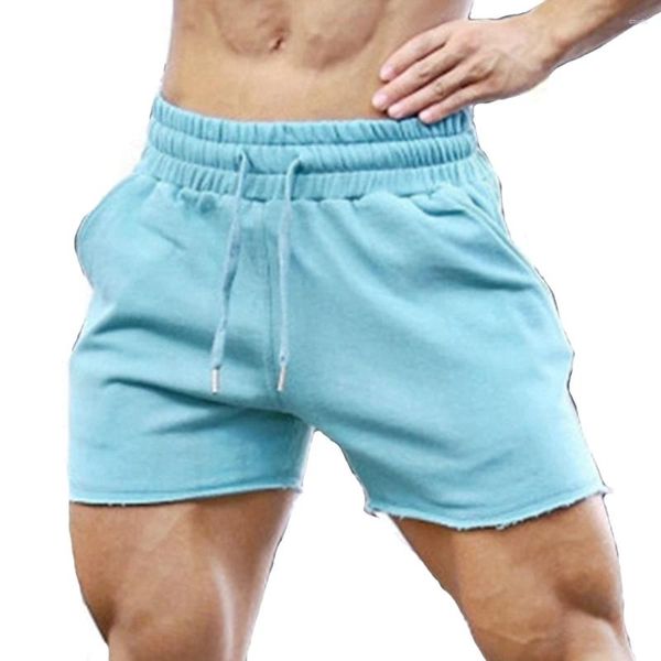 Erkek şortları erkek fitness spor salonu vücut geliştirme pamuk streç gök mavisi yaz antrenmanı erkek derin çömelme egzersizi kısa pantolonlar dantel