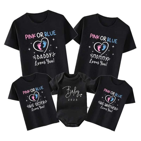 Familienübereinstimmende Outfits Pink oder Blue Daddy Mommy Bruder Schwester Loves You Lustig Geschlecht Enthüllung Party Shirts Baumwolle Babyparty Tee Family Matching Outfit T240513