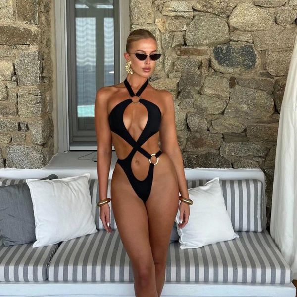 Swimwear femminile Black Hollowen One Piece Swimsuit Women Sexy Donne Deep-V Off Spalla Halter Bathingsuit Body Beachwear femminile