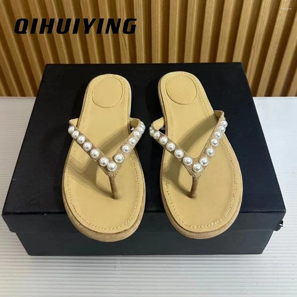 Тапочки 2024 EST Summer Summer The Leathers Thongs Beach Shoes String-Bead Decora Женщина праздничные шлепанцы Botas Mujer